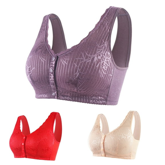 YWDJ Bras for Women Half Cup 3 Pack Front Closure Lounge Bras Wirefree Comfortable Bras Wide Strap Full Coverage Push up Wrap Bras Padded Plus Size Lace Comfort Bras Solid Bras Purple 4XL