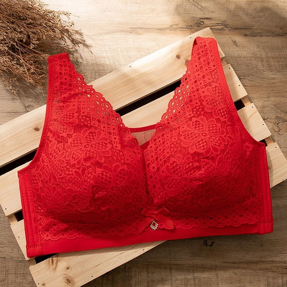 YWDJ Bras for Women Half Cup Back Closures Bras Wireless Sleep Bras Wide Strap Push up Wrap Comfy Bras Padded Plus Size Lace Bras Solid Lounge Bras Red L