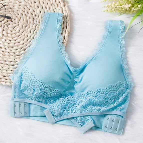 YWDJ Bras for Women Half Cup Side Closure Bras Wireless Sleep Bras Wide Strap Full Coverage Push up Cross Comfy Bras Padded Plus Size Lace Comfort Bras Wrap Solid Lounge Bras Blue 3XL