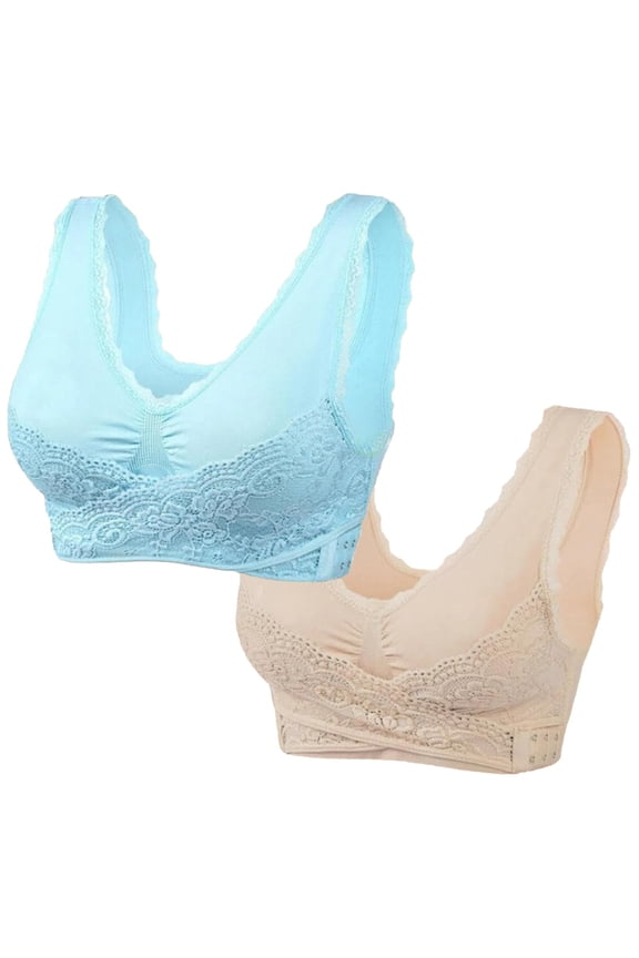 YWDJ Bras for Women Plus Size 2 Pack Front Close Comfy Bras Wireless Lounge Bras Wide Strap Full Coverage Push up Cross Comfortable Bras Padded Plus Size Lace Comfy Bras Wrap Bras Beige 2XL