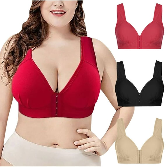 YWDJ Bras for Women Plus Size 3 Pack Front Close Comfortable Bras Wirefree Bras Wide Strap Full Coverage Push up Wrap Sleep Bras Padded Plus Size Comfort Bras Solid Comfy Bras Beige M