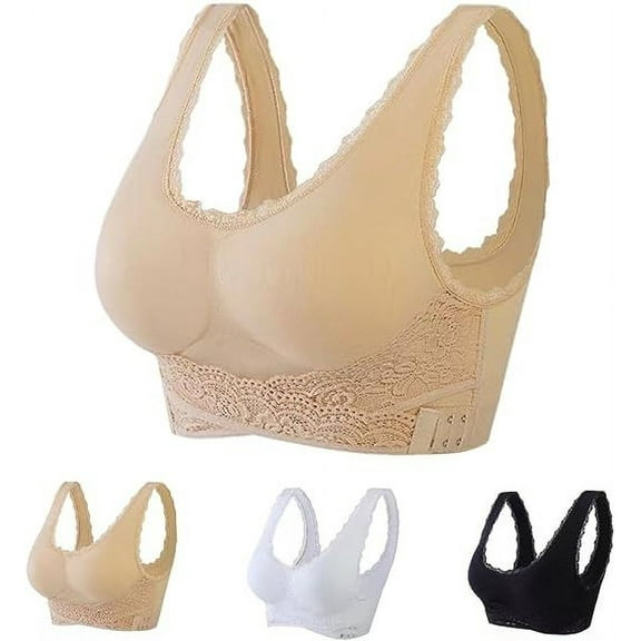 YWDJ Bras for Women Plus Size 4 Pack Front Closure Lounge Bras Wirefree Comfortable Bras Wide Strap Full Coverage Push up Cross Bras Padded Plus Size Lace Comfortable Bras Wrap Bras Beige 3XL