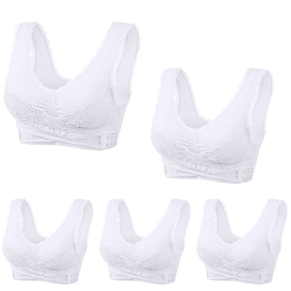 YWDJ Bras for Women Plus Size 5 Pack Front Closure Bras No Wire Sleep Bras Wide Strap Full Coverage Push up Cross Comfy Bras Padded Plus Size Lace Comfortable Bras Wrap Lounge Bras White 3XL