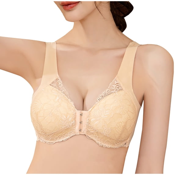 YWDJ Bras for Women Plus Size Back Closures Sleep Bras Wirefree Comfy Bras Wide Strap Half Cup Push up Hollow Lounge Bras Padded Plus Size Bras Wrap Solid Comfortable Bras Khaki M