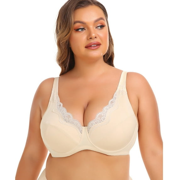 YWDJ Bras for Women Plus Size Bras No Wire Sleep Bras Adjustable Straps Full Coverage Push up Wrap Comfy Bras Padded Plus Size Lace Comfort Bras Lounge Bras Beige L