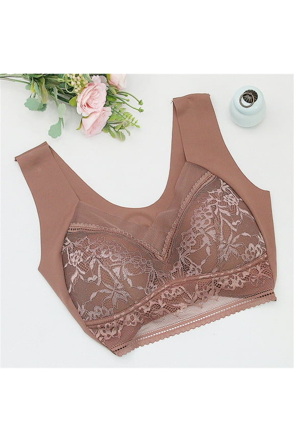 YWDJ Bras for Women Plus Size Pullover Lounge Bras No Wire Comfortable Bras Wide Strap Full Coverage Push up Wrap Bras Padded Plus Size Lace Comfy Bras Sleep Bras Brown L