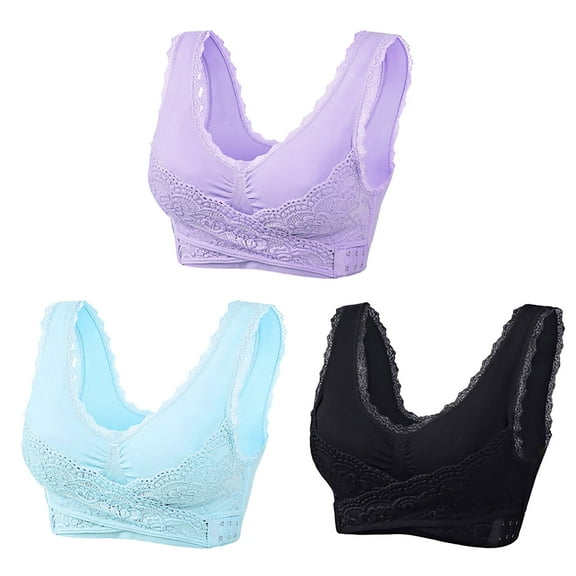 YWDJ Bras for Women Push up 3 Pack Front Closure Comfy Bras Wireless Lounge Bras Wide Strap Full Coverage Cross Comfortable Bras Padded Lace Comfort Bras Wrap Bras Black XL