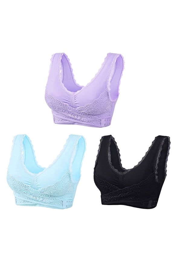 YWDJ Bras for Women Push up 3 Pack Front Closure Comfy Bras Wireless Lounge Bras Wide Strap Full Coverage Cross Comfortable Bras Padded Lace Comfort Bras Wrap Bras Black XL