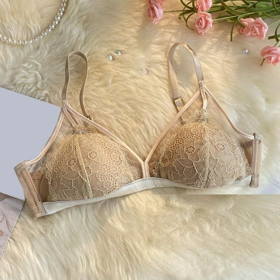 YWDJ Bras for Women Push up Closure in Back Lounge Bras No Wire Comfortable Bras Adjustable Straps Half Cup Wrap Bras Padded Lace Bras Solid Sleep Bras Beige L
