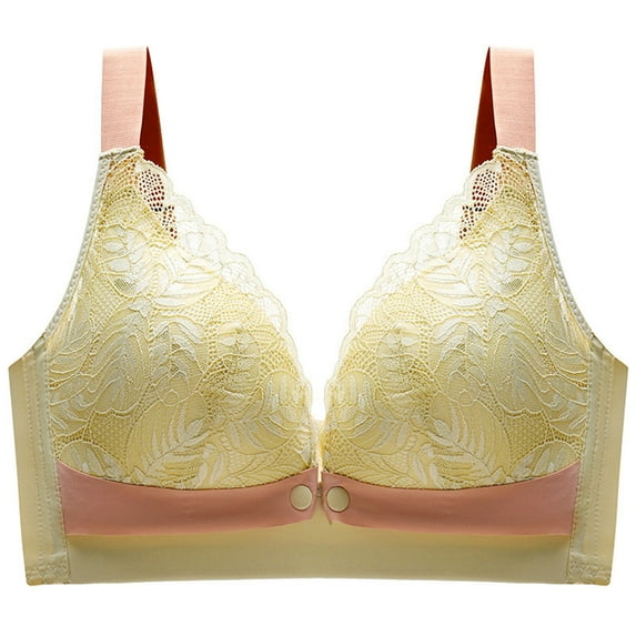 YWDJ Bras for Women Push up Front Close Comfy Bras No Underwire Lounge Bras Adjustable Straps Half Cup Wrap Comfortable Bras Padded Lace Comfy Wide Strap Bras Solid Bras Yellow L