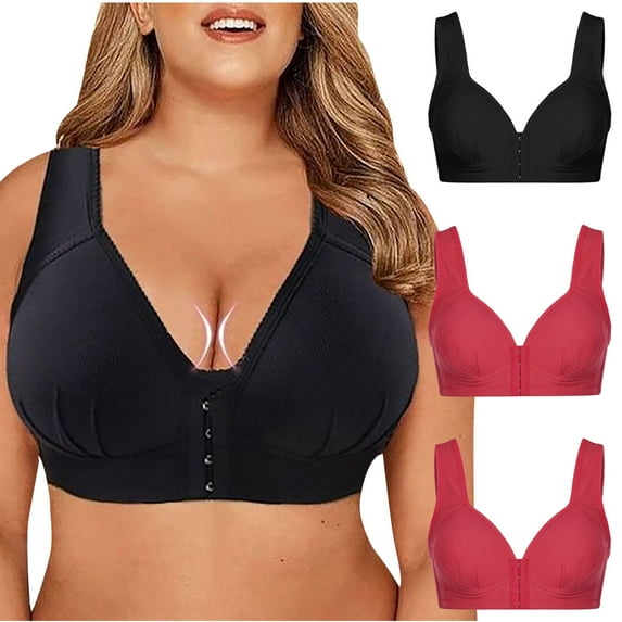 YWDJ Bras for Women Push up and Padded 3 Pack Front Close Comfy Bras No Wires Lounge Bras Wide Strap Full Coverage Wrap Comfortable Bras Padded Plus Size Comfortable Bras Solid Bras Black S