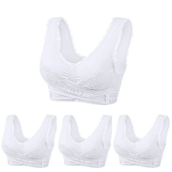 YWDJ Bras for Women Push up and Padded 4 Pack Front Close Comfy Bras Wireless Lounge Bras Wide Strap Full Coverage Cross Comfortable Bras Padded Plus Size Lace Comfortable Bras Wrap Bras White L