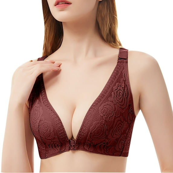 YWDJ Bras for Women Push Up No Underwire Front Closure Front Clip Zip Front Front Snap Front Hook Front Close for Sagging Breasts Hollow Out Fashion Rose Beauty Back Wire Free Underwear Brown XL