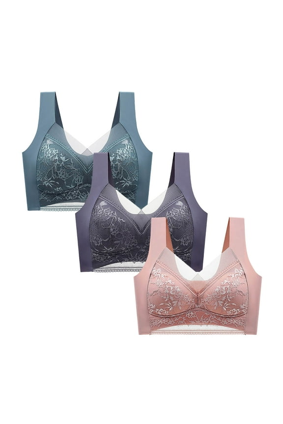 YWDJ Bras for Women Sleeping 3 Pack Back Closures No Wires Wide Strap Full Coverage Bras Low Support Hollow Padded Plus Size Lace Bras Comfortable Wrap Solid Bras Multicolor 3XL