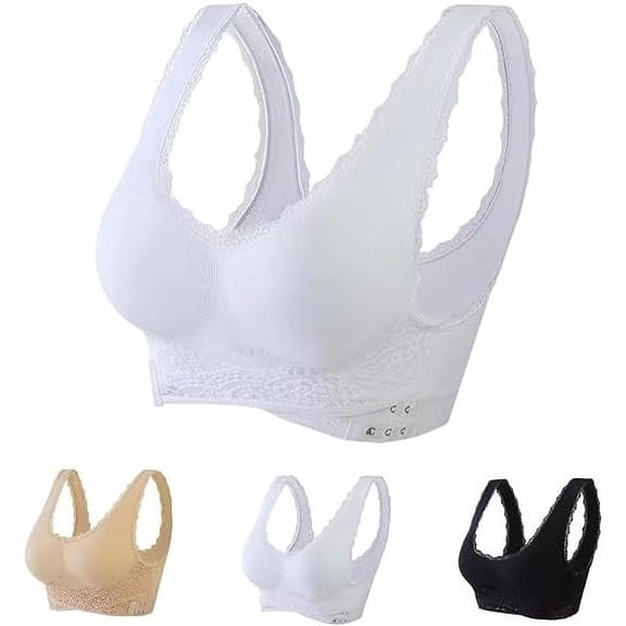 YWDJ Bras for Women Sleeping 4 Pack Front Closure Comfy Bras Wireless Lounge Bras Wide Strap Full Coverage Push up Cross Comfortable Bras Padded Plus Size Lace Comfortable Bras Wrap Bras White 3XL