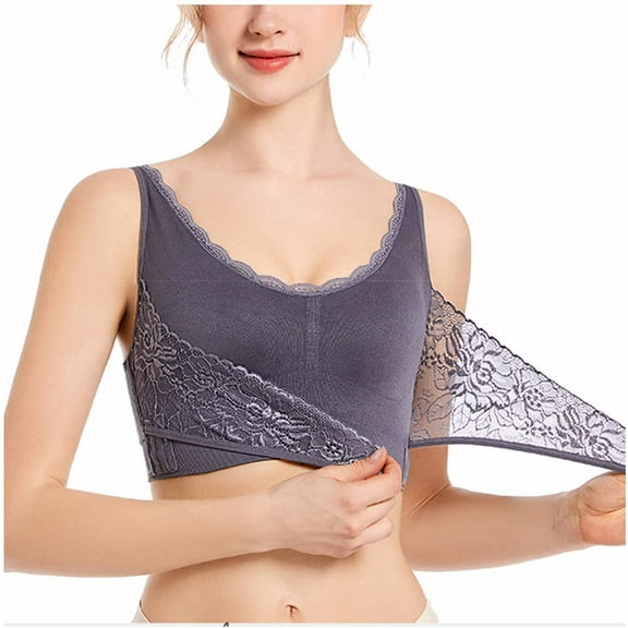 YWDJ Bras for Women Wireless Side Closure Workout Bras Gym Bras Wide Strap Full Coverage Yoga Bras Push up Low Support Cross Lounge Bras Padded Plus Size Lace Sleep Bras Comfort Wrap Bras Gray L