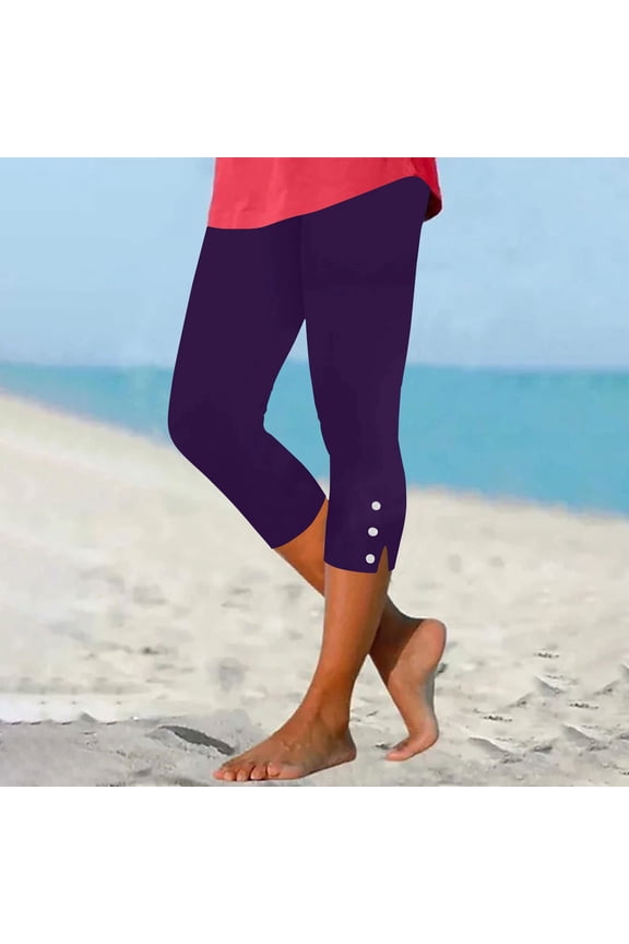 YWDJ Capri Leggings for Women Plus Size High Waist Gym Leggings Summer Pants Curvy Slim Casual Vacation Pants Pull on Solid Soft Yoga Lightweight Comfortable Purple 2XL Breathable Beach Pants