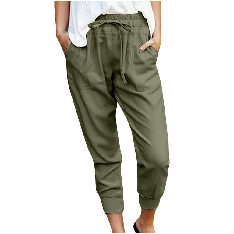 YWDJ Cargo Joggers for Women Women Casual Solid Cotton Linen Drawstring  Elastic Waist Calf Length Pencil Pants Army Green L 