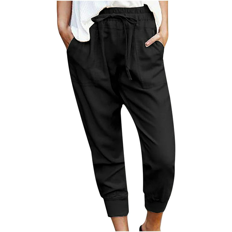 YWDJ Cargo Joggers for Women Women Casual Solid Cotton Linen Drawstring  Elastic Waist Calf Length Pencil Pants Black XS 