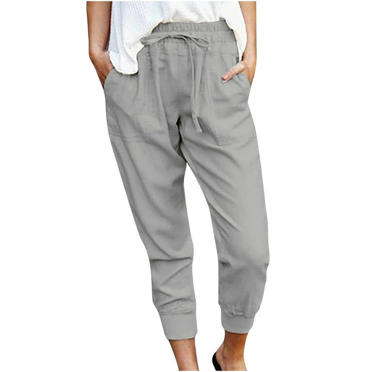 YWDJ Cargo Joggers for Women Women Casual Solid Cotton Linen Drawstring  Elastic Waist Calf Length Pencil Pants Gray XS