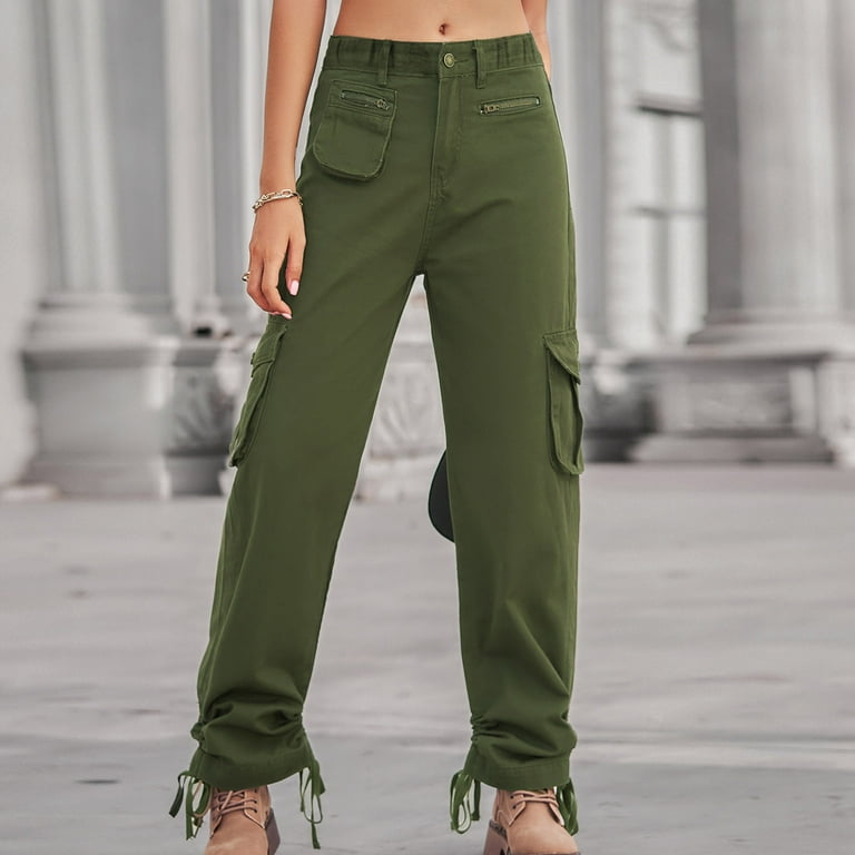 YWDJ Cargo Pants Women Plus Drawstring With Pockets Denim Casual Long Pant  Straight Leg Solid Pants Hippie Punk Trousers Jogger Loose Overalls s for Everyday  Wear Work Casual Event 28-Army Green L 