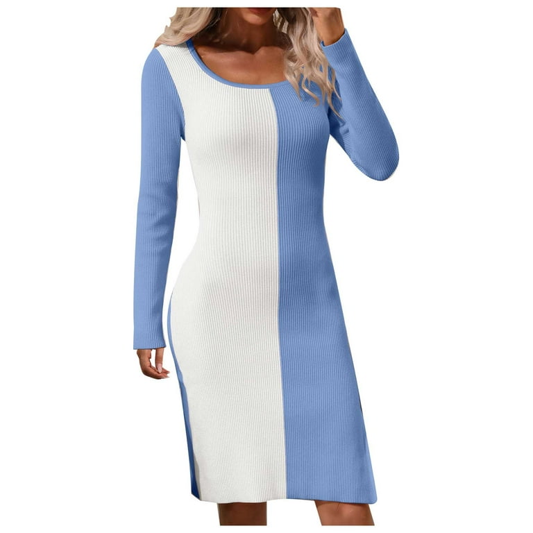 YWDJ Casual Cocktail Dresses for Women Plus Size Matching Pullover  Comfortable Long Sleeve Round-Neck Dress Blue L 