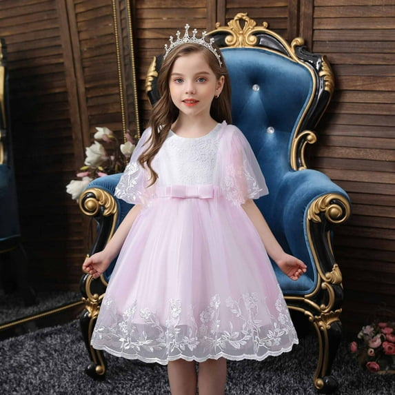 YWDJ Children Baby Girls Middle-aged Childrens Sleeveless Embroidery Mesh Dress Gauze Dress Princess Dress Pink 6-7T
