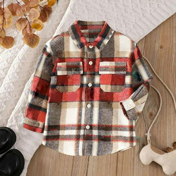 YWDJ Childrens Clothing Boys And Girls Long Sleeved Plaid Top Long Sleeved Coat for Children Brown 7T