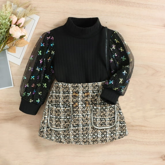 YWDJ Childrens Clothing Girls High Collar Stitching Bow Mesh Long-sleeved Sweater Small Fragrant Skirt Small Childrens Suit Black 2Y