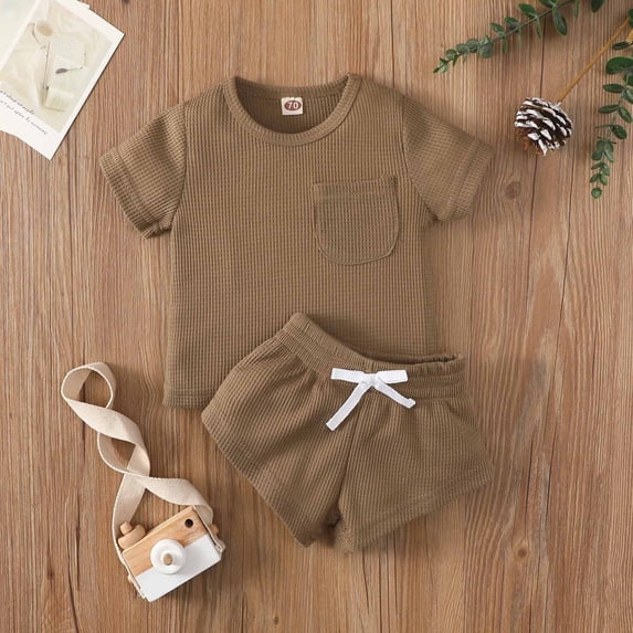YWDJ Childrens Clothing New Summer With Pocket T-shirt Short Sleeve Shorts Two Piece Set Multi-color Style Coffee 2-3T