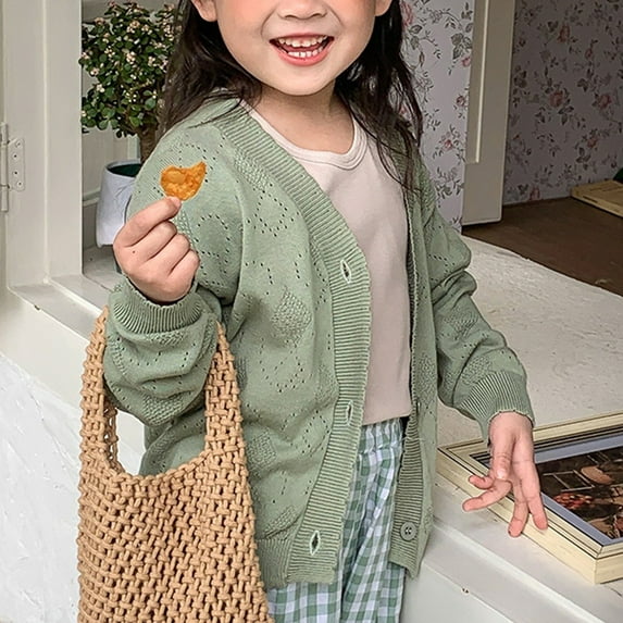 YWDJ Childrens Sun Protection Clothing Spring And Summer Thin Hollow Knitted Jacket Versatile Girls Long-sleeved Cardigan Green 8Y