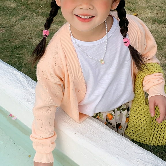 YWDJ Childrens Sun Protection Clothing Spring And Summer Thin Hollow Knitted Jacket Versatile Girls Long-sleeved Cardigan Pink 10T