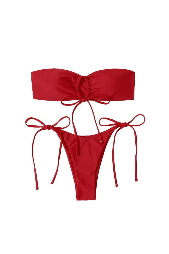 Bathing Suit for Women 2 Piece Bikini Strapless Tube Top Bandeau with Chest Pad without Underwire Tankini Bathing Suits Plus Size Swimsuit for Women High Waisted Bikini 40-Red L
