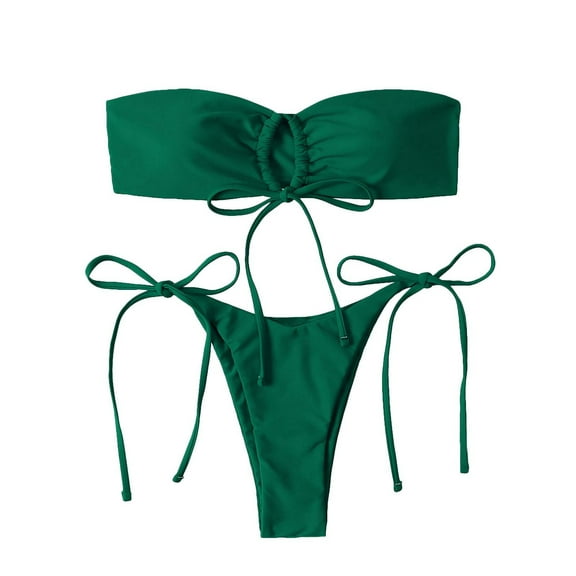 YWDJ Clearance Tummy Control Swimsuits for Women 2 Piece Bikini Strapless Tube Top Bandeau with Chest Pad without Underwire Plus Size Bathing Suit for Women 40-Green S