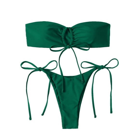 YWDJ Clearance Tummy Control Swimsuits for Women 2 Piece Bikini Strapless Tube Top Bandeau with Chest Pad without Underwire Plus Size Bathing Suit for Women 40-Green S