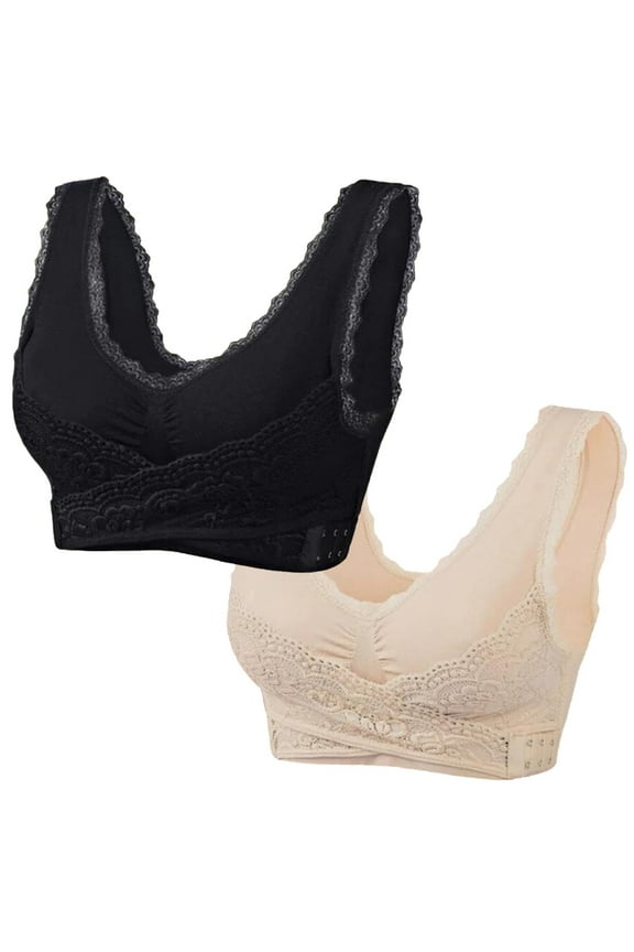 YWDJ Comfy Bras for Women 2 Pack Front Close Comfortable Bras No Underwire Bras Wide Strap Full Coverage Push up Cross Sleep Bras Padded Plus Size Lace Comfort Bras Wrap Comfy Bras Beige XL