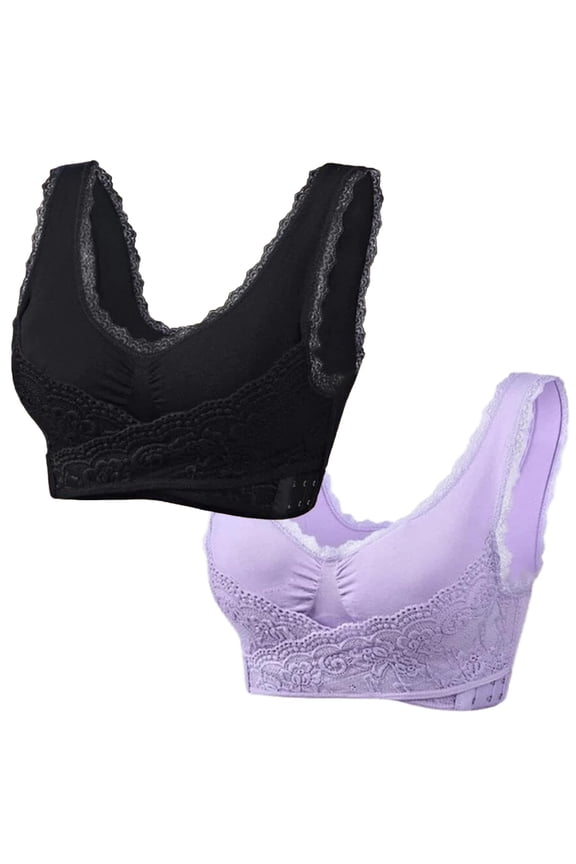 YWDJ Comfy Bras for Women 2 Pack Front Close Lounge Bras Wirefree Comfortable Bras Wide Strap Full Coverage Push up Cross Bras Padded Plus Size Lace Comfort Bras Wrap Sleep Bras Black XL