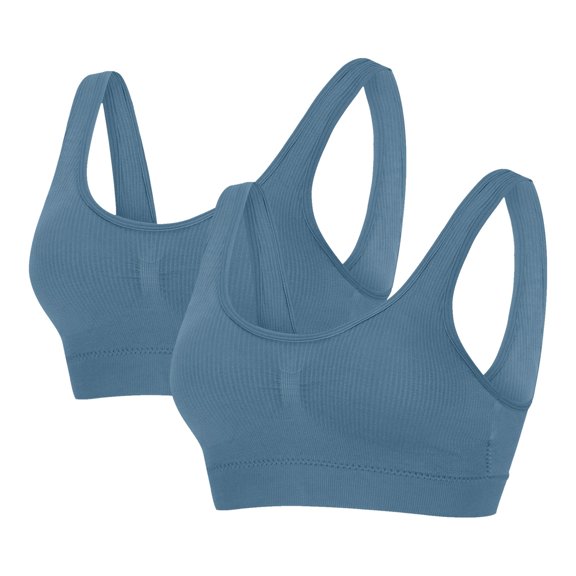 YWDJ Comfy Bras for Women 2 Pack Pullover Lounge Bras No Underwire Sleep Bras Wide Strap Full Coverage Comfy Bras Push up Low Support Wrap Sports Bras Padded Workout Bras Solid Bras Blue L