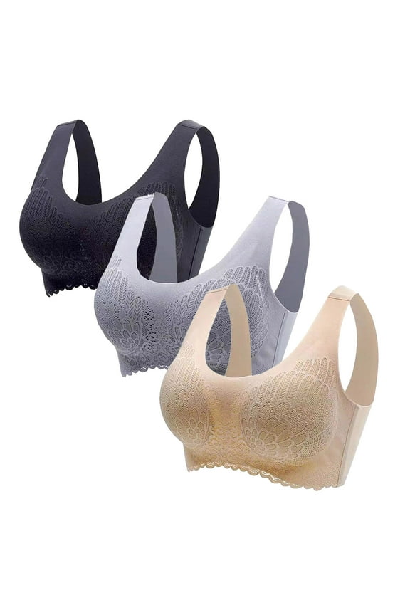 YWDJ Comfy Bras for Women 3 Pack Pullover Comfy Bras Wirefree Sports Bras Wide Strap Full Coverage Workout Bras Push up Low Support Wrap Gym Bras Padded Lace Yoga Bras Solid Bras Multicolor 2XL