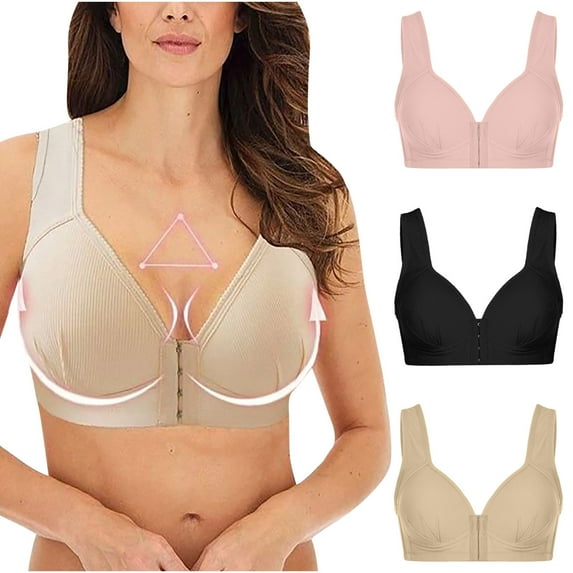 YWDJ Comfy Bras for Womens 3 Pack Front Close Comfortable Bras Wirefree Bras Wide Strap Full Coverage Push up Wrap Sleep Bras Padded Plus Size Comfortable Bras Solid Comfy Bras Black L