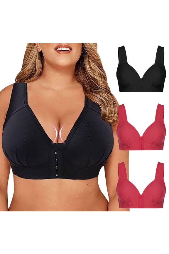 YWDJ Comfy Bras for Womens 3 Pack Front Closure Comfortable Bras Wirefree Bras Wide Strap Full Coverage Push up Wrap Sleep Bras Padded Plus Size Comfortable Bras Solid Comfy Bras Black 2XL