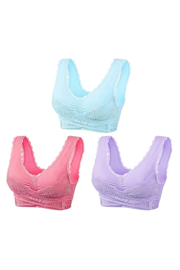 YWDJ Comfy Bras for Womens 3 Pack Front Closure Sleep Bras No Wires Comfy Bras Wide Strap Full Coverage Push up Cross Lounge Bras Padded Plus Size Lace Comfortable Bras Wrap Comfortable Bras Blue 2XL