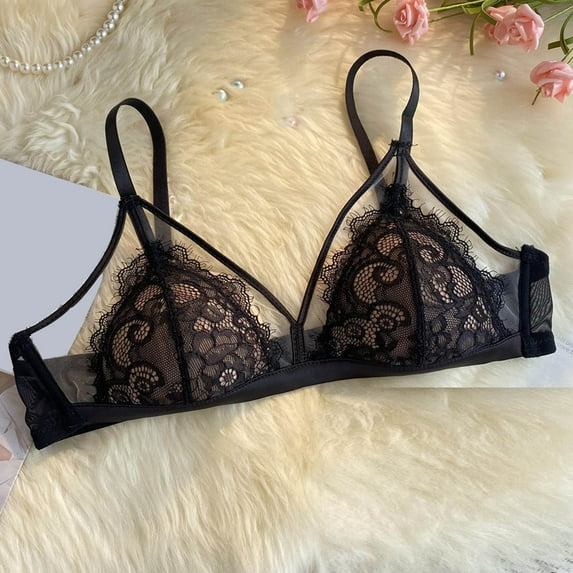 YWDJ Comfy Bras for Womens Closure in Back Comfy Bras No Underwire Lounge Bras Adjustable Straps Half Cup Push up Wrap Comfortable Bras Padded Lace Bras Solid Bras Black L
