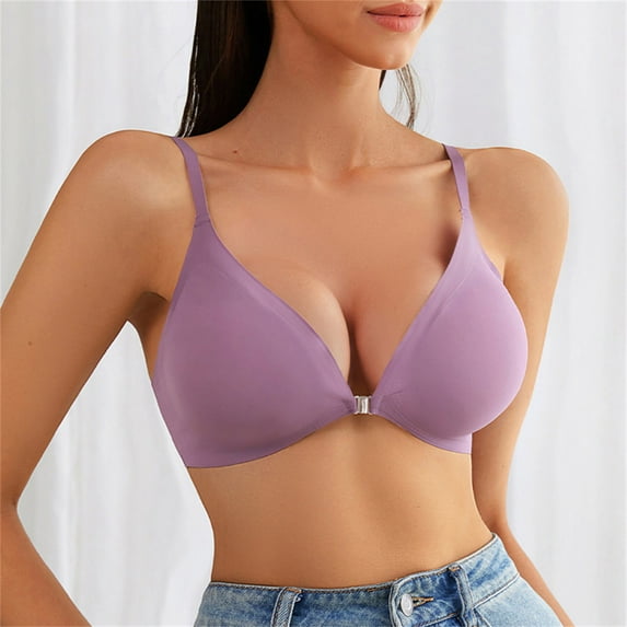 YWDJ Comfy Bras for Womens Front Closure Bras No Wire Sleep Bras Spaghetti Straps Half Cup Push up Wrap Comfy Bras Padded Comfortable Bras Solid Lounge Bras Purple M
