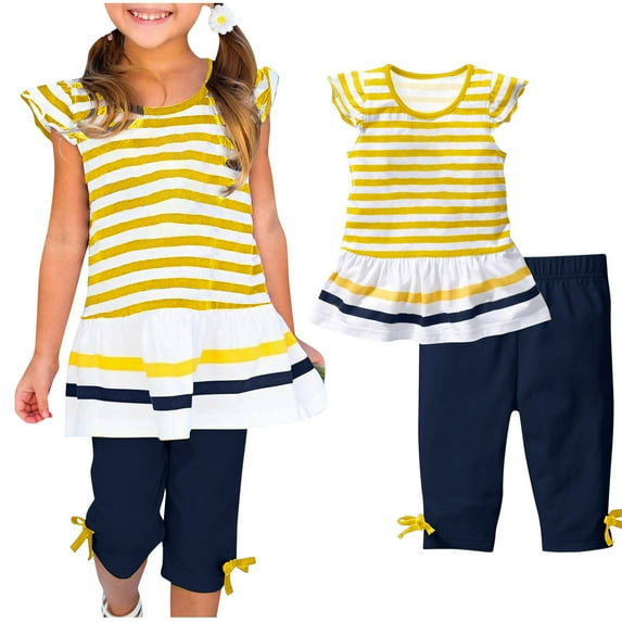 YWDJ Cute 2 Piece Outfits for Girls Summer Kids 1-10 T Striped Short Sleeve T Shirts Capris Pants Fashion Clothes Yellow 7 T