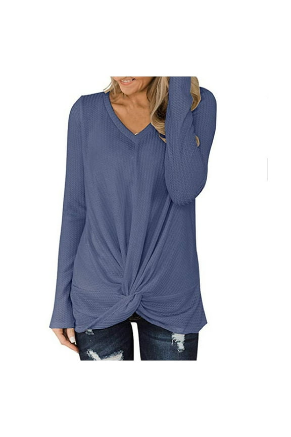 YWDJ Cute Fall Long Sleeve Shirts for Women Womens Casual Waffles Kink V-Neck Shirt Loose Long Sleeve Pullover Tops Blue M