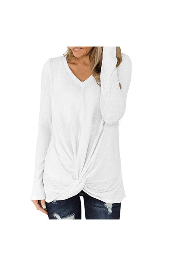 YWDJ Cute Fall Long Sleeve Shirts for Women Womens Casual Waffles Kink V-Neck Shirt Loose Long Sleeve Pullover Tops White XS