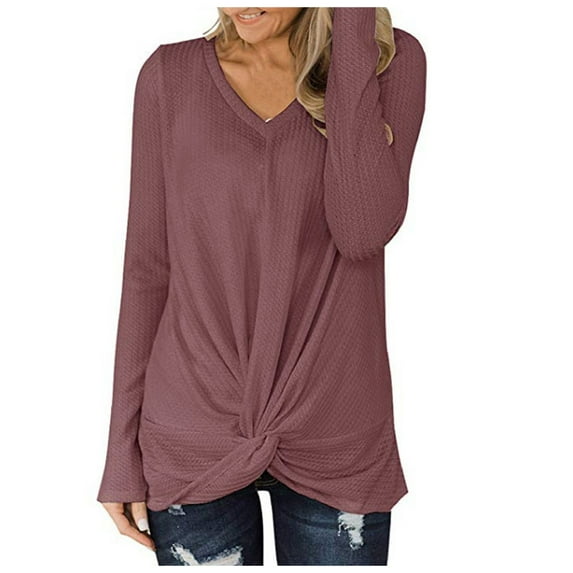 YWDJ Cute Fall Long Sleeve Shirts for Women Womens Casual Waffles Kink V-Neck Shirt Loose Long Sleeve Pullover Tops Wine XXL