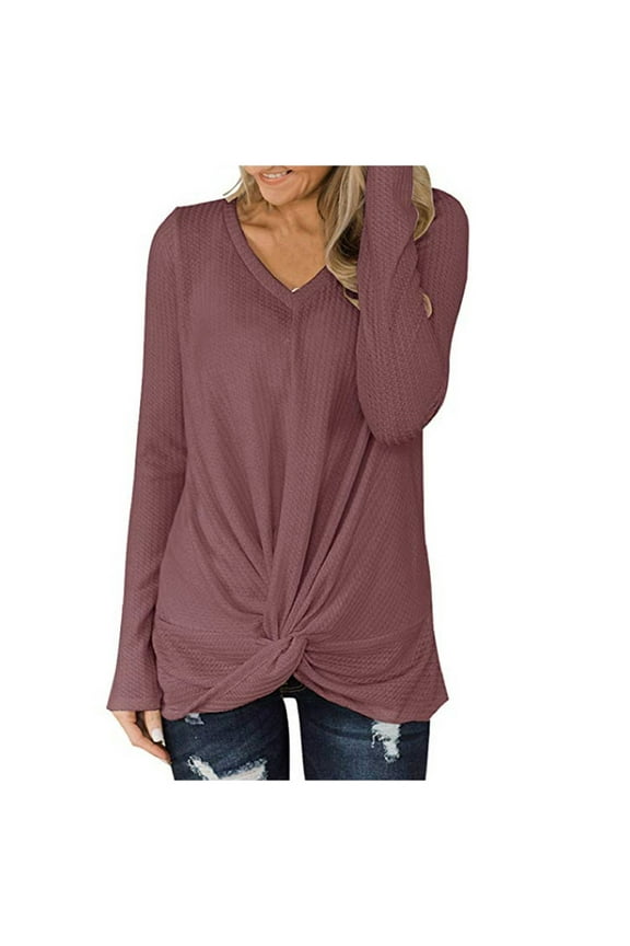 YWDJ Cute Fall Long Sleeve Shirts for Women Womens Casual Waffles Kink V-Neck Shirt Loose Long Sleeve Pullover Tops Wine XXL