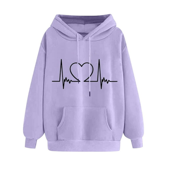 YWDJ Cute Hoodies for Women Valentine's Day Casual Trendy Tops Solid Sweatshirts With Pocket Women Oversized Hoodies Summer Fall Plus Size Pullover Long Sleeve Sweatshirts Purple S